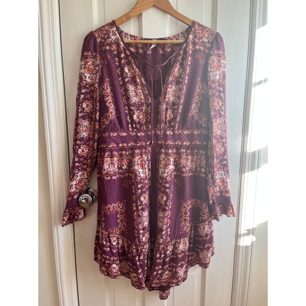 Free People Burgundy Floral Tie Front Tunic Dress Long Sleeve High Low Viscose M